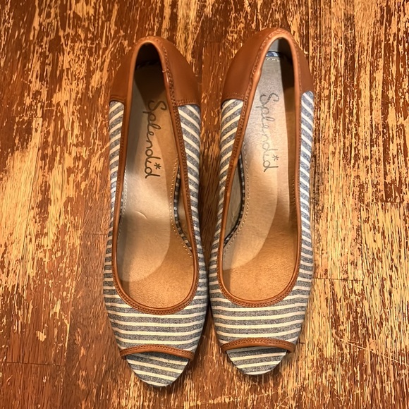 Splendid Striped Blue peep toe Wedge Sandals Women’s Size 9 1/2 Leather Nautical - Picture 2 of 3